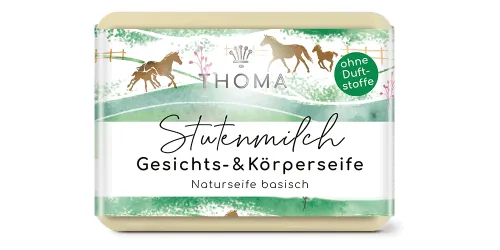 hellgelbe Seife mit grüner Verpackung und Aufschrift Stutenmilch, Gesichts und Körperseife von der Naturseifen Manufaktur Uckermark.