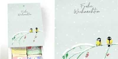 Wunderschöne Geschenkschachtel für Naturseifen - festliches Design mit zwei Vögeln auf verschneitem Ast.