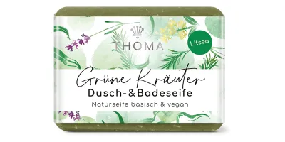 rechteckige, grüne Kräuterseife mit Banderole, Grüne Kräuterseife von der Naturseifen Manufaktur Uckermark.