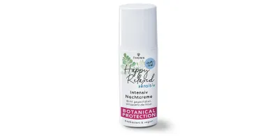 Happy Relaxed! Mini Nachtcreme 60plus mit Myralys und Ceramiden Eine Flasche der Happy Relaxed Sensitiv Intensiv Nachtcreme von THOMA mit der Kennzeichnung Botanical Protection Die Creme ist duftfrei biobasiert und vegan wirkt gegen Falten und entspannt die Haut Nahaufnahme des Pumpspenders
