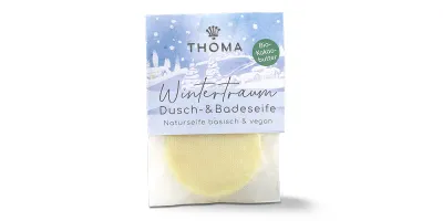Kakaobutterseife Wintertraum -vegan- mini Wintertraum Dusch- & Badeseife von THOMA – basische und vegane Naturseife mit Bio-Kakaobutter. Dezente Verpackung im winterlichen Design, ideal für die Pflege in der kalten Jahreszeit.