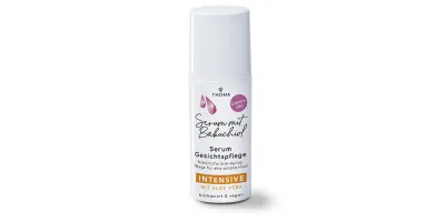 Eine Flasche des Serums mit Bakuchiol Lavendel von THOMA mit der Kennzeichnung Intensive mit Aloe Vera Das Serum ist biobasiert und vegan bietet natürliche Anti Aging Pflege für eine schöne Haut Nahaufnahme des Pumpspenders