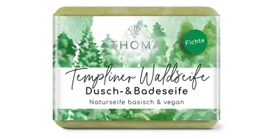 rechteckige, hellgrüne Seife mit der Aufschrift Waldseife - dusch-und Badeseife der Anke Thoma Naturkosmetik GmbH